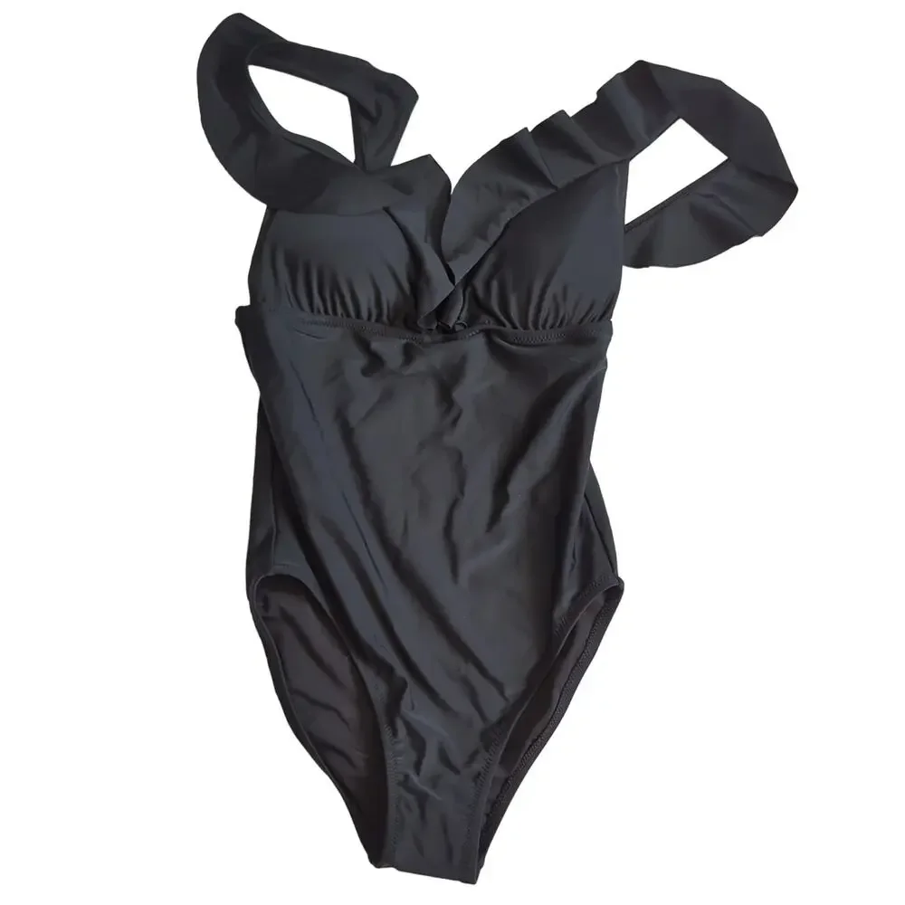 J. Crew Ruched Ruffle Shoulder V-neck One-Piece Swimsuit‎ Black XXS